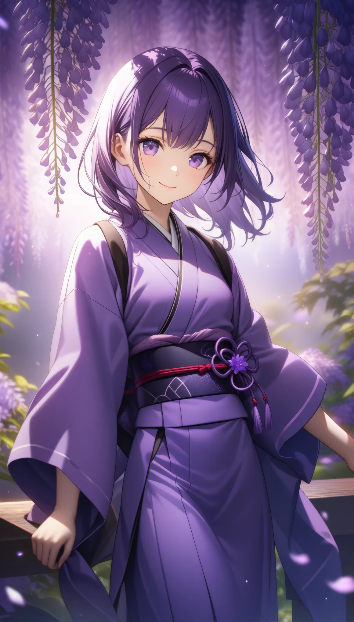 32k, best quality, ultra high res, HDR, UHD, extremely detailed CG, unity 32k wallpaper, (((hight quality))), (((high-level image quality))), ((smile)), (((hight quality wisteria flowers background))), (((purple hair))), (((purple eyes))), (((18 years old))), (((illustration))), (((purple light particles))), (((purple kimono))), (((purple Japanese clothes))),