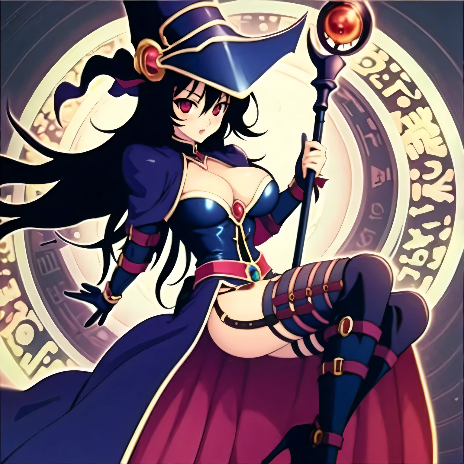 (masterpiece, best quality:1.2), 1girl, solo, long hair, black hair, thigh strap, body suit, straps, magic circle, red eyes, holding wand, black clothes, eyeliner, cleavage, wizard hat, DMG of Chaos