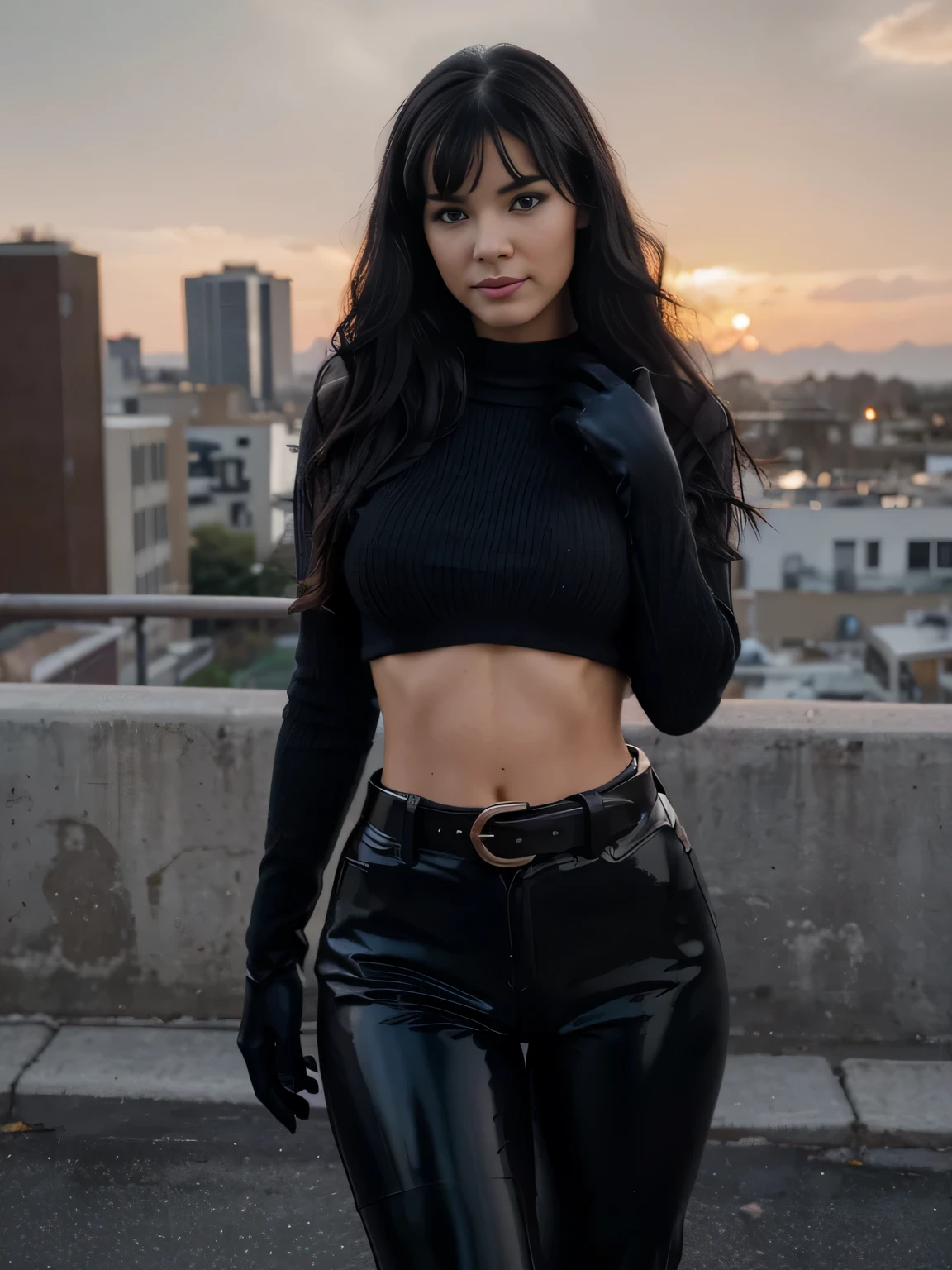 Hyperrealistic and detailed full body photo of Sky Bri, longer black hair, smiling beautiful women, oben ohne, wearing a spider gwen costume. oben ohne, standing on rooftop with sunset in the background. Perfekte Augen, (Augen-Make-up:1.1), (Hochdetaillierter Skin:1.1), ..........RAW, analoger Stil, scharfer Fokus, 8K UHD, DSLR, High quality, Fujifilm XT3, Korn, awards winning, Meisterwerk