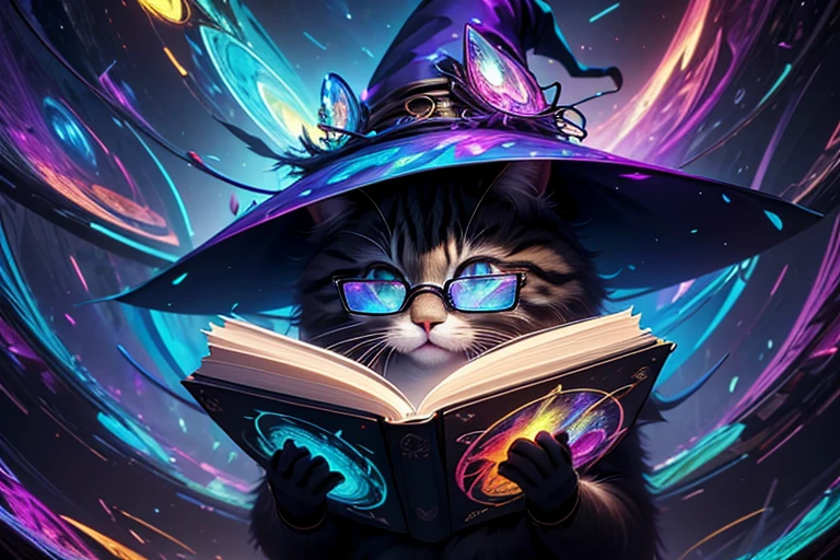 a cg rendering of a cute cat wearing a witch hat and glasses reading a book, animal, 4k, cute, magic, magical, no_humans, beautiful fur, four legs,glow, 4k, (Abstract art:1.6), (Delicate images), (Highly detailed), (high resolution), (Best quality), (masterpiece)
