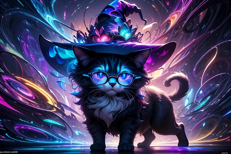 a cg rendering of a cute cat wearing a witch hat and glasses, animal, 4k, cute, magic, magical, no_humans, beautiful fur, four legs,glow, 4k, (Abstract art:1.6), (Delicate images), (Highly detailed), (high resolution), (Best quality), (masterpiece)
