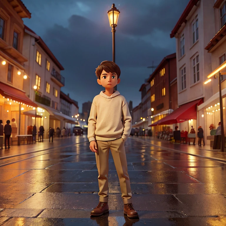 In the center of a busy city square, At night, under the soft light of a street lamp, a young man stands with a thoughtful expression on his face. He is dressed casually, but neat outfit., consisting of a beige sweater, Khaki pants, and strong boots. The rain lightly taps the pavement around him., creating an unearthly atmosphere. The distant rumble of cars mixes with the gentle sound of raindrops..