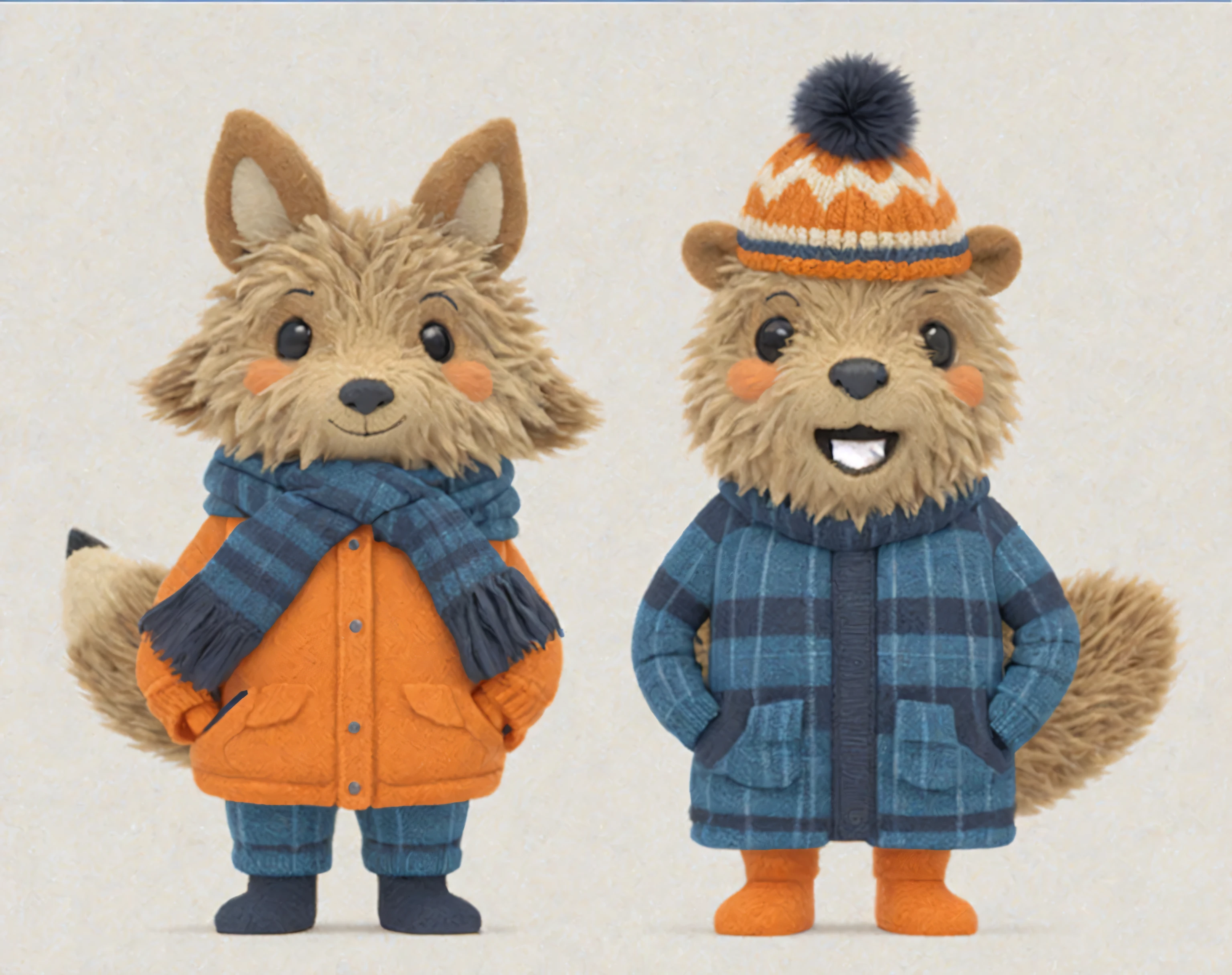 CG 3D render of two antropomorphic stuffed animals standing up, in the left there is a fox wearing a winter coat a scarf and winter boots and has his hands in pockets, in the right there is a beaver wearing a beanie a winter coat winter boots and has his hands in pockets, front view, happy characters, their clothes are digital illustration, simple clothes with few details, digital illustration