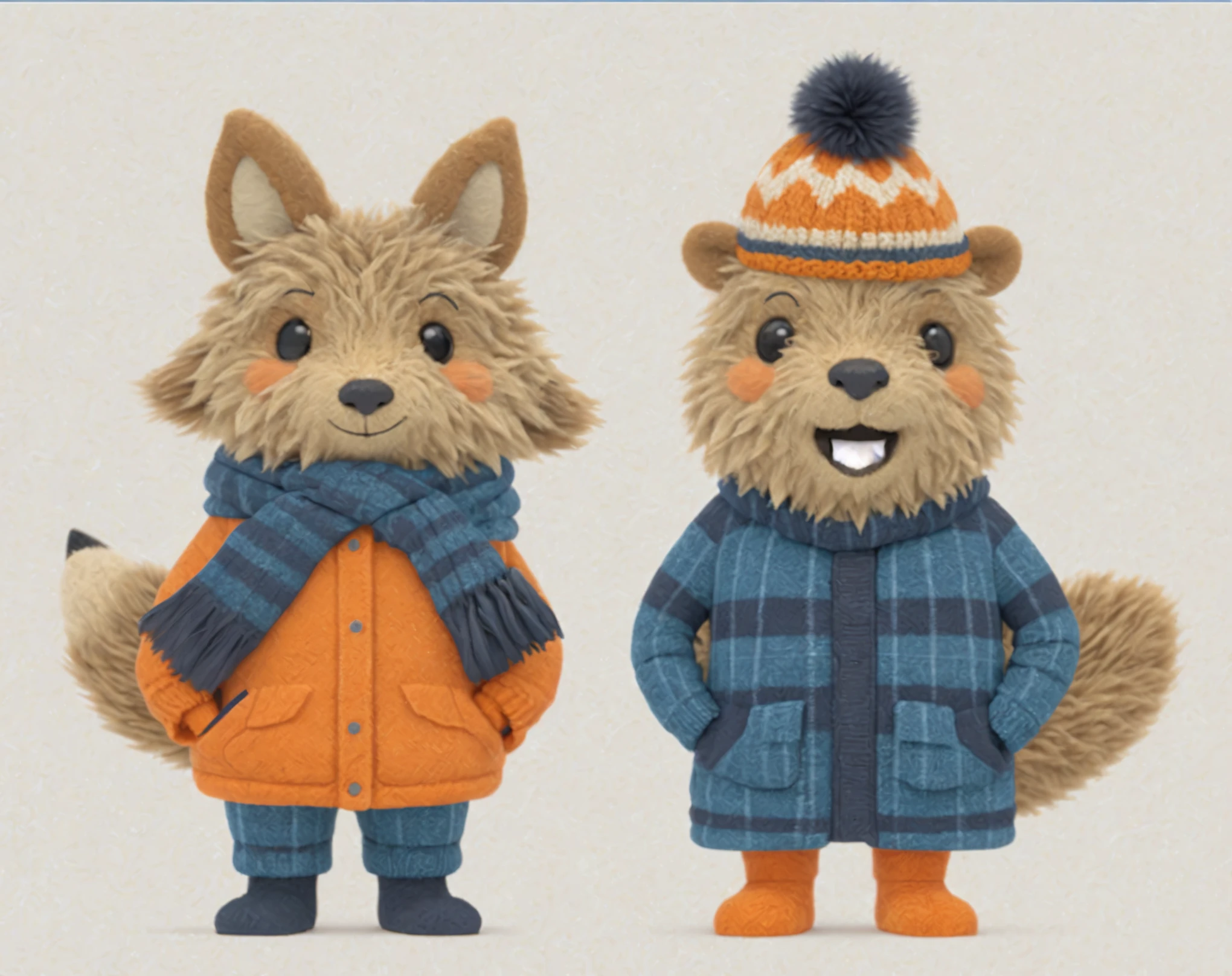 CG 3D render of two antropomorphic stuffed animals standing up, in the left there is a fox wearing a winter coat a scarf and winter boots and has his hands in pockets, in the right there is a beaver wearing a beanie a winter coat winter boots and has his hands in pockets, front view, happy characters, their clothes are digital illustration, simple clothes with few details, digital illustration