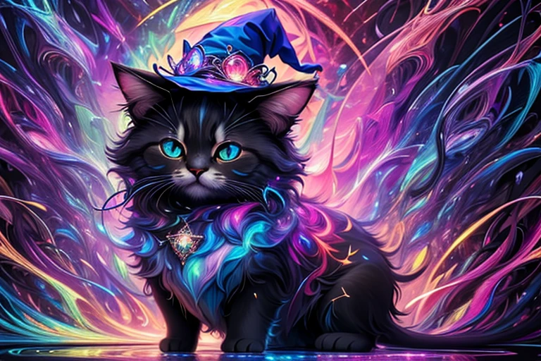 a cg rendering of a cute cat wearing a witch hat and glasses, animal, 4k, cute, magic, magical, no_humans, beautiful fur, four legs,glow, 4k, (Abstract art:1.6), (Delicate images), (Highly detailed), (high resolution), (Best quality), (masterpiece)
