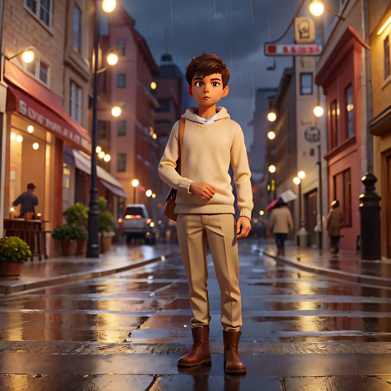 In the center of a busy city square, At night, under the soft light of a street lamp, a young man stands with a thoughtful expression on his face. He is dressed casually, but neat outfit., consisting of a beige sweater, Khaki pants, and strong boots. The rain lightly taps the pavement around him., creating an unearthly atmosphere. The distant rumble of cars mixes with the gentle sound of raindrops..