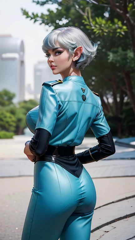 (Best quality, ultra realistic) 8k, retro futuristic look, dream aesthetic, dream atmosphere, 1 tall elf girl, beautiful cute elf girl, gothic makeup, light cyan_eyes, bright eyes, flushed cheeks, (( hair color [Silver blonde hair] , [pixie cut with bangs] hair)), earrings, lips, short sleeve, realistic, proportional waist, charming, goth makeup, long eyelashes, very white skin, pale skin, clear skin, delicate body, natural breasts, proportional waist, hot hips, hot butt beside, hot legs, (Best quality, 8k, 32k, artwork, Ultra HD:1.2), 1 girl, beautiful woman, open jacket, pants, from behind, (stretching buttocks:1.2), detailed face, short hair, looking at the viewer, natural tall body (cute), (cute face), Detailed eyes, Detailed iris, dream aesthetics, retro futurism aesthetic. 