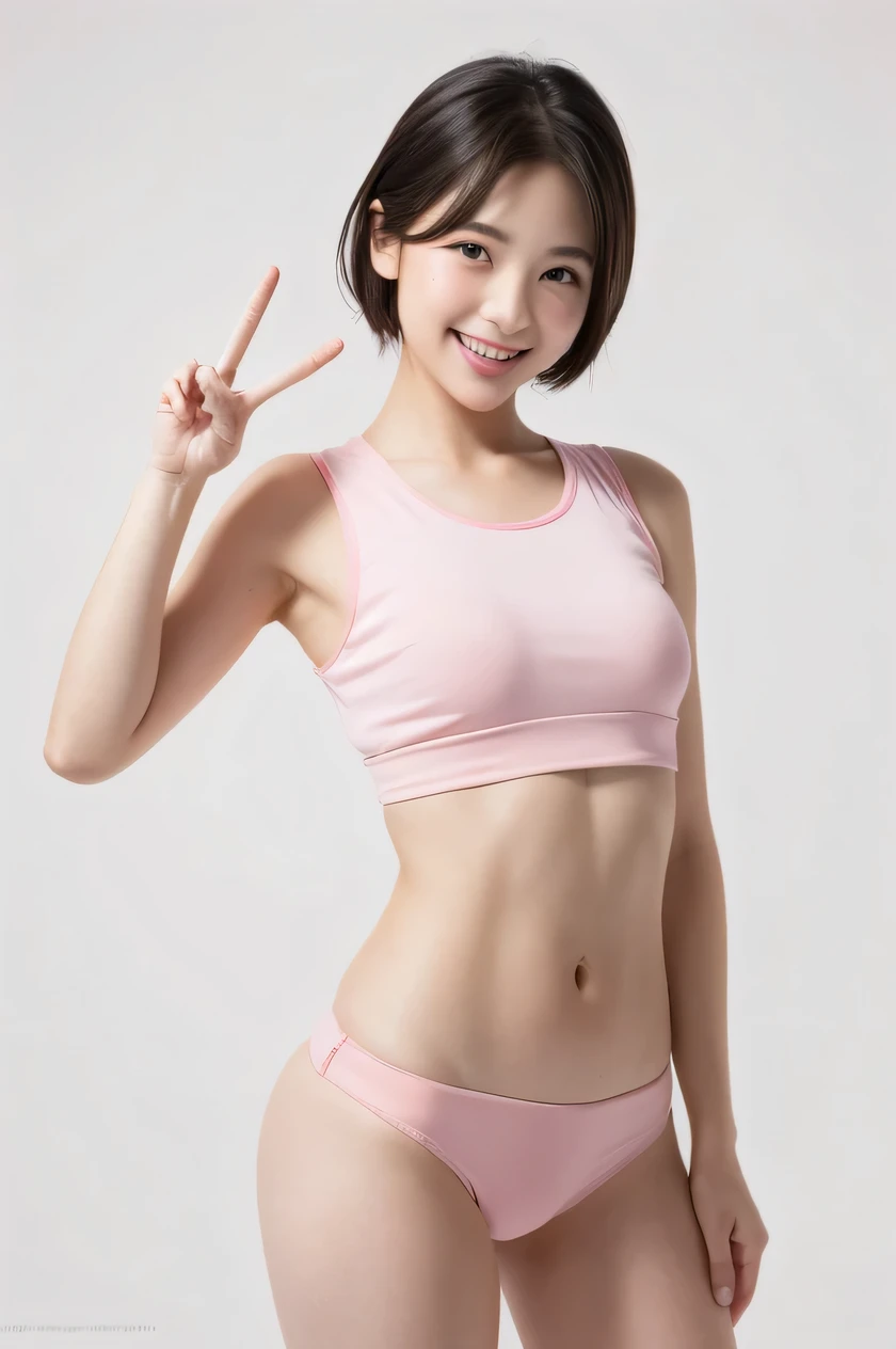 he beauty of 8K raw photos:2.0, Japanese woman, short hair, 18 years old, great face and dark eyes, looking at the viewer:1.5, big smile, tongue out, show the tongue, wet hair, show the crotch, spread the legs wide, show your cameltoe:1.2, show your hand with peace sign, tiny top, put your hands on your hip, (pink sports wear:1.2), shinny skin, realistic:1.9, very detailed, standing cowboy shot from bottom:1.2, High resolution RAW color photos, professional photos, Taken at the studio, plain wallpaper, girl sexy portrait