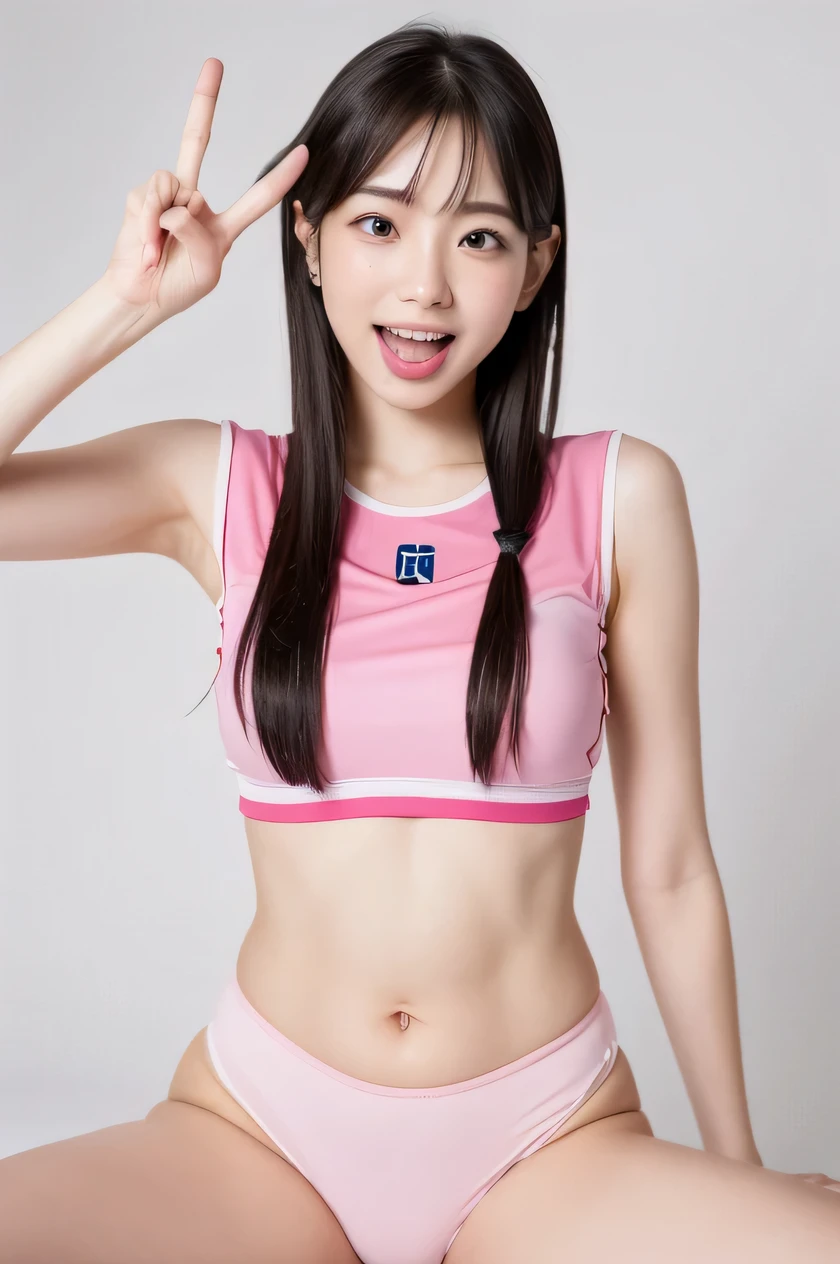 The beauty of 8K raw photos:2.0, Japanese woman, short hair, 18 years old, great face and dark eyes, looking at the viewer:1.5, big smile, tongue out, show the tongue, wet hair, show the crotch, spread the legs wide, show your cameltoe:1.2, show your hand with peace sign, tiny top, put your hands on your hip, (pink sports wear:1.2), shinny skin, realistic:1.9, very detailed, standing cowboy shot from bottom:1.2, High resolution RAW color photos, professional photos, Taken at the studio, plain wallpaper, girl sexy portrait