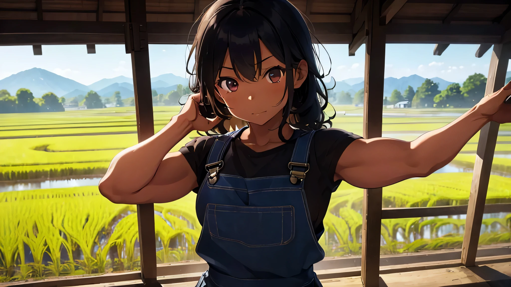 best god quality, Ultra-detailed, perfect Anatomy, (Draw a tomboy working in a rice field), 1girl, is a muscular tan girl, farmer overalls, dark skin tomboy, tanline skin, (dark skin*2), (short black + wavy hair*1.2), (farmer clothes), Full limbs, complete fingers, groin, Beautiful brown eyes, muscular tan tomboy, smug eyes, farmer clothing, in the rice fields, High resolution, Best lighting by professional AI, Japanese countryside, rice fields, looking at viewer, (((One girl in middle))), (((SOLO))), (Japanese countryside in background)