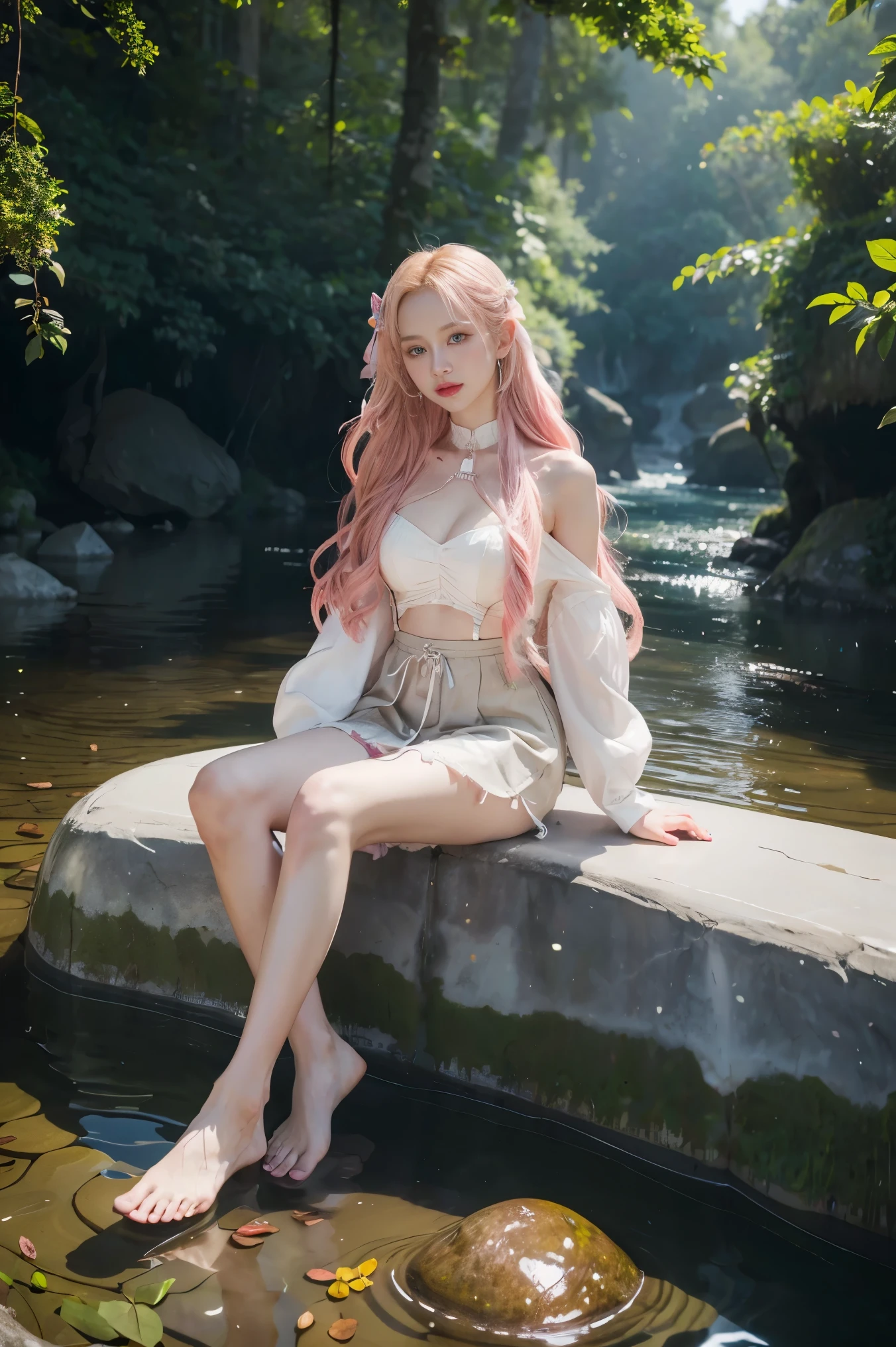 Rose from blackpink, pink hair, (full body), wearing medieval long clothes, sitting on a rock, feet in the water, Drenched hair, The background is a forest, sunset, (masterpiece, best quality, award winning, highres), skinny, intricate and beautiful design, highly detailed beautiful face, super detailed beautiful eyes, light smile, sitting near stream, forest, leaves flow, windy, sun lights through forest, fantasy art, dynamic lighting, cinematic lighting, hyper realistic, extremely CG detail, octane render, (artistic + masterpiece:1.4), (incredibly detailed eyes), (8k, Photorealistic, Photo RAW, Best quality: 1.4), (UHD), (Ultra high realism), (Ultra high definition), (Ultra high detail), (Realistic face), Beautiful hairstyle, Realistic bright amber eyes, Beautiful details, (Realistic skin), Pale, smooth and luminous skin with iridescent shine and no imperfections, Ultra high definition, Ultra realistic, Highly detailed