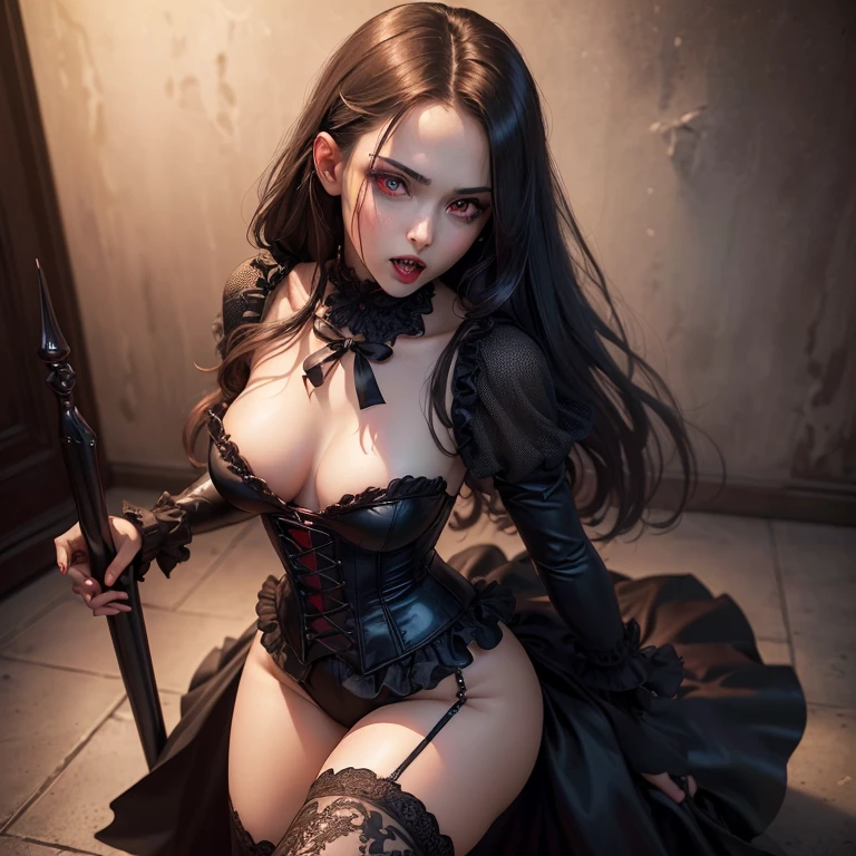 (((full medium shot))), (Masterpiece, photorealistic, photorealism, best quality, ultra-detailed:1.3), (nice hands, perfect hands), official art, cinematic light, (1girl:1.3), adult, a beautiful vampire girl, red eyes, blood on mouth, bloody fangs, pale skin, seductive pose, black corset, black thighhigh boots, heels, scary