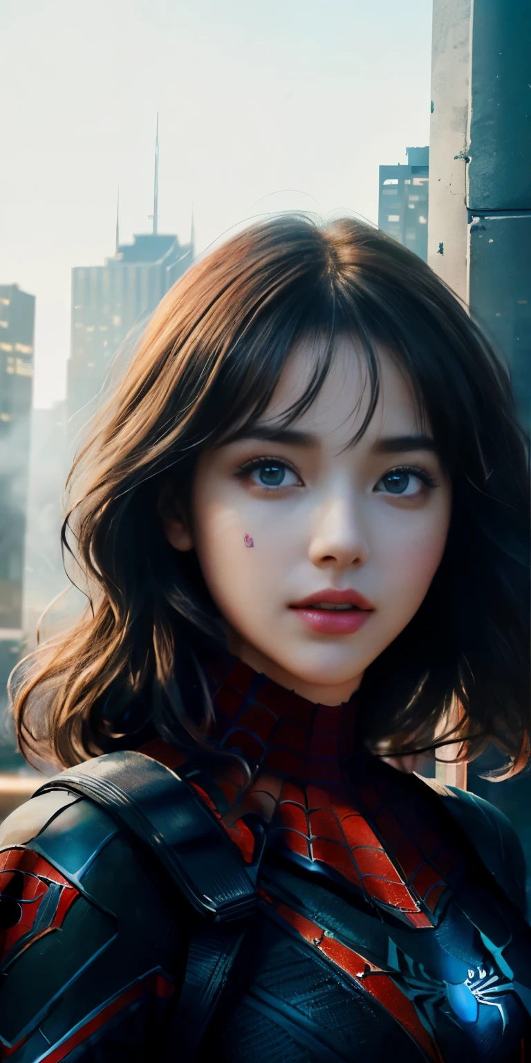 (1girl:1.3), Solo, (((Very detailed face)))), ((Very detailed eyes and face)))), Beautiful detail eyes, Body parts__, Official art, Unified 8k wallpaper, Super detailed, beautiful and beautiful, beautiful, masterpiece, best quality, original, masterpiece, super fine photo, best quality, super high resolution, realistic realism, sunlight, full body portrait, amazing beauty, dynamic pose, delicate face, vibrant eyes, (from the front), She wears Spider-Man suit, red and black color scheme, spider, very detailed city roof background, rooftop, overlooking the city, detailed face, detailed complex busy background, messy, gorgeous, milky white, highly detailed skin, realistic skin details, visible pores, clear focus, volumetric fog, 8k uhd, DSLR, high quality, film grain, fair skin, photo realism, lomography, futuristic dystopian megalopolis, translucent