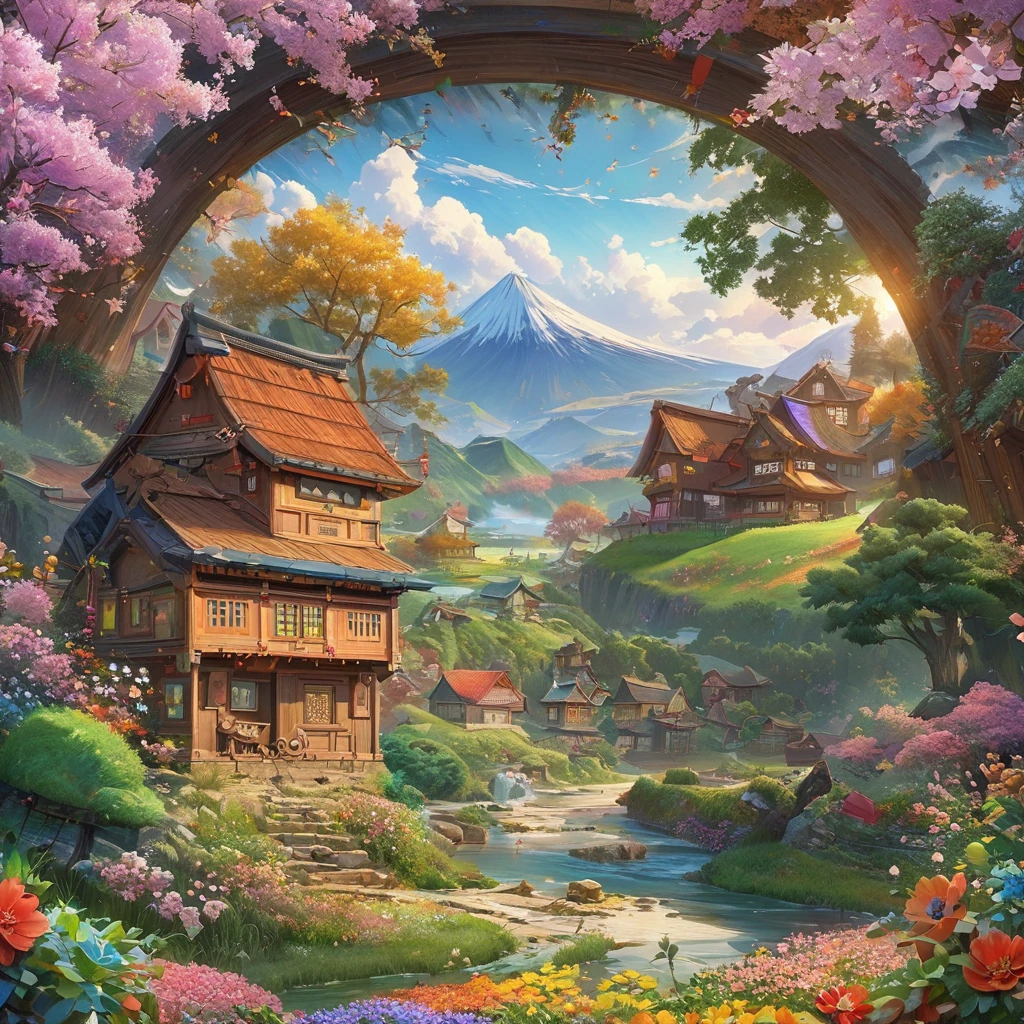 A painting of a house in a flower field, Japanese cartoons beautiful peace scene, Flower mountain background, Japanese cartoons nature wallpap, Studio Ghibli environment, Japanese cartoons. author：Xin Haicheng, Japanese cartoons nature, author：Xin Haicheng, author：Xin Haicheng, Japanese cartoons scenery, Japanese cartoons landscape, beautiful Japanese cartoons scene, colorful Japanese cartoons movie background, Japanese cartoons background art, 4k HD,, Beautiful art ultra hd 4k, A beautiful artistic illustration, Beautiful digital painting, Highly detailed digital painting, Beautiful digital artwork, Detailed painting 4k, Very detailed figures, Rich and picturesque colors, Gorgeous digital painting