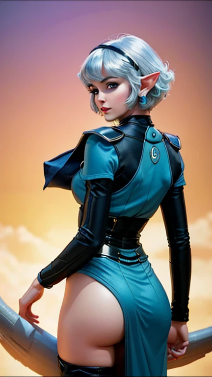 (Best quality, ultra realistic) 8k, retro futuristic look, dream aesthetic, dream atmosphere, 1 tall elf girl, beautiful cute elf girl, gothic makeup, light cyan_eyes, bright eyes, flushed cheeks, (( hair color [Silver blonde hair] , [pixie cut with bangs] hair)), earrings, lips, short sleeve, realistic, proportional waist, charming, goth makeup, long eyelashes, very white skin, pale skin, clear skin, delicate body, natural breasts, proportional waist, hot hips, hot butt beside, hot legs, (Best quality, 8k, 32k, Ultra HD:1.2), 1 girl, hot elf woman, from behind, (stretching buttocks:1.2), detailed face, short hair, looking at the viewer, natural tall body (cute), (cute face), Detailed eyes, Detailed iris, dream aesthetics, retro futurism aesthetic. 