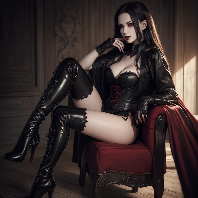 (((full medium shot))), (Masterpiece, photorealistic, photorealism, best quality, ultra-detailed:1.3), (nice hands, perfect hands), official art, cinematic light, (1girl:1.3), adult, a beautiful vampire girl, red eyes, blood on mouth, bloody fangs, pale skin, seductive pose, black corset, black thighhigh boots, heels, scary