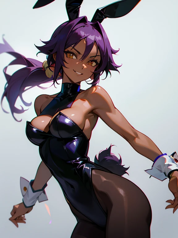 shihouin yoruichi, dark skin, dark-skinned female, ponytailm pantyhose, playboy bunny, bare shoulders, smile, cowboy shot, highly detailed, HD, 4K, Masterpiece, highres