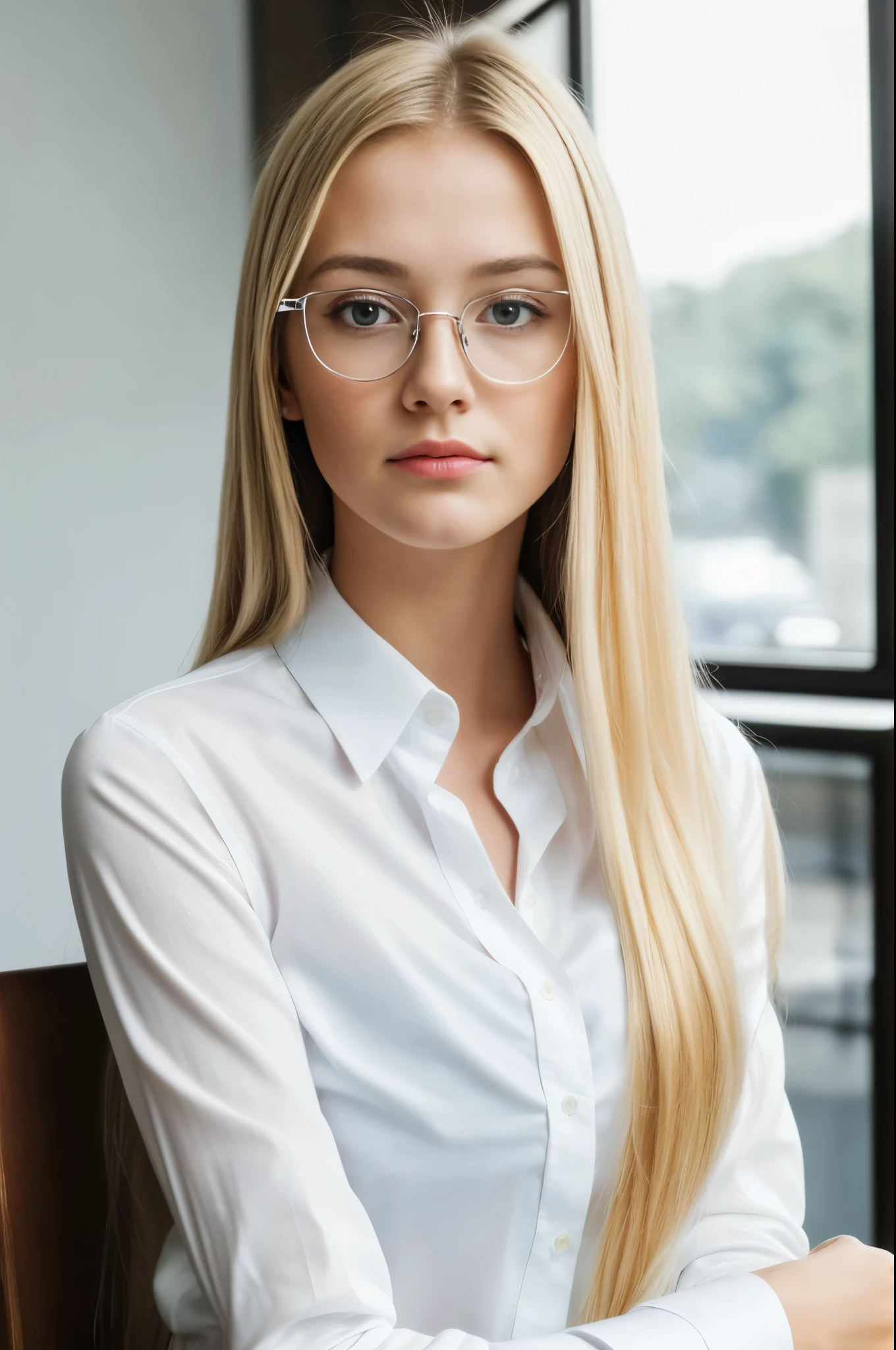 4k, RAW photo, best quality, ultra high res, photorealistic, 1 very young girl, blonde girl, very long straight blonde hair, solo, dark brown eyes, sitting, teacher look, looking clever (((wearing white shirt))), looking at viewer, ((holding glasess)), wearing glasses, stern facial expression, daylight, instagram picture, arms crossed hands