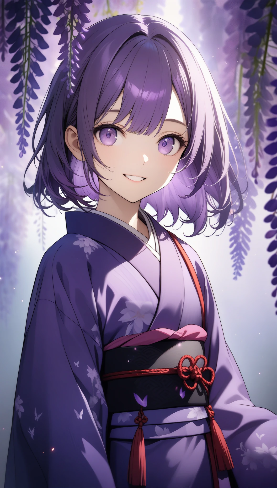 32k, best quality, ultra high res, HDR, UHD, extremely detailed CG, unity 32k wallpaper, (((hight quality))), (((high-level image quality))), ((smile)), (((hight quality wisteria flowers background))), (((purple hair))), (((purple eyes))), (((18 years old))), (((illustration))), (((purple light particles))), (((purple kimono))), (((purple Japanese clothes))),