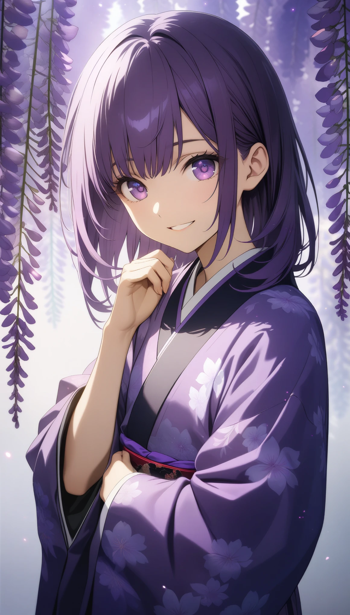 32k, best quality, ultra high res, HDR, UHD, extremely detailed CG, unity 32k wallpaper, (((hight quality))), (((high-level image quality))), ((smile)), (((hight quality wisteria flowers background))), (((purple hair))), (((purple eyes))), (((18 years old))), (((illustration))), (((purple light particles))), (((purple kimono))), (((purple Japanese clothes))),