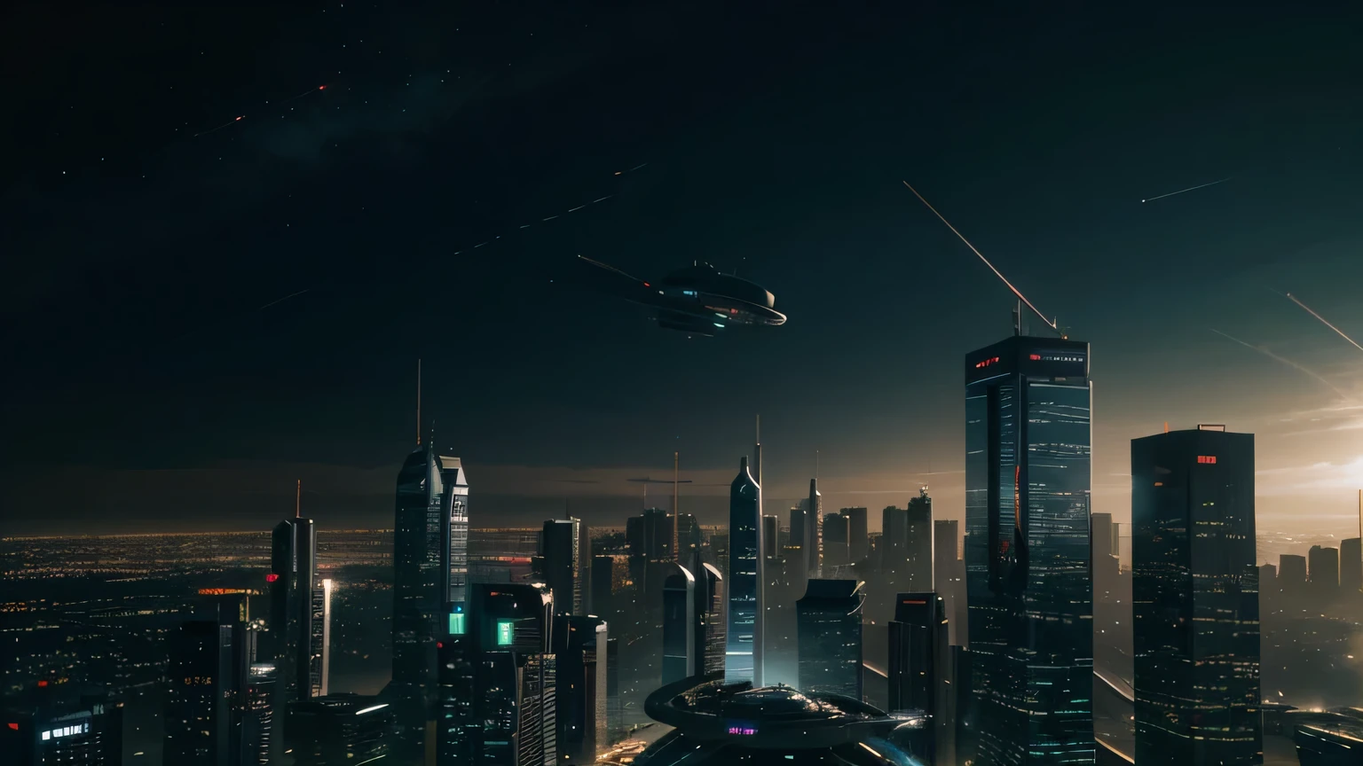 futuristic city, buildings, spaceships, dark background,planet on the back, realistic, 4k, 8k