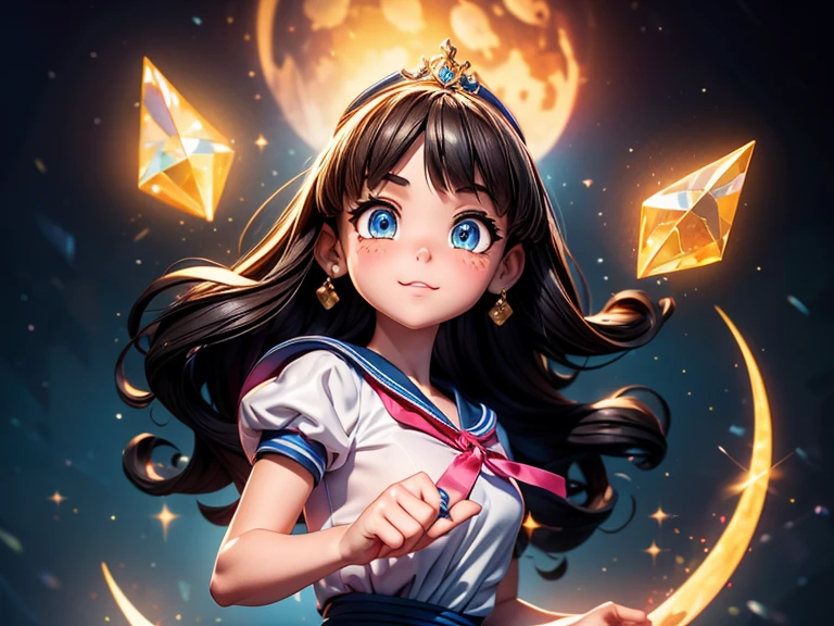 best quality,4k,highres,ultra-detailed,realistic:1.37,(vivid colors),(sharp focus),beautiful detailed eyes,beautiful detailed lips,extremely detailed eyes and face,long eyelashes,1girl,2girls,sailor suit,sailor uniform,transformation sequence,girls fighting against evil,super powers,magical girl,Japanese anime style,portrait,traditional art style,colorful,glowing effects,sparkles,lunar theme,moonlight,crystal accessories,cosmic background,action poses,energy blasts,heroic expressions,confident,strong girls,friendship and teamwork,courage,transformation wand,magical tiara,signature poses,powerful poses