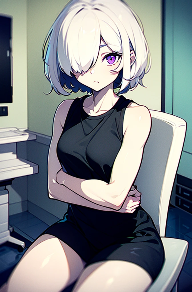 (1ung girl), ((((pale skin)))), Purple eyes, {((Detailed eyes))}, eyes squinted, (in deep thought).,((hair over one eye)), hair, (white hair), ((short white hair)). (((black shirt, sleeveless shirt))), (Masterpiece:1.4), ((highly detailed)), high quality, ultra detailed, ultra realistic, hyper beautiful and delicate, ((muscles)), ((muscular)), (muscular arms), ((arms resting on her lap)), sitting on a chair, in a medical room, clean floor, clean walls, cold colors, ((bandages wrapped around her arm)).