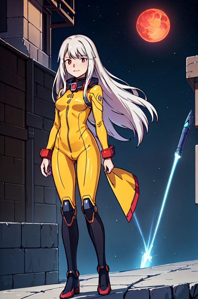 Cartoon photo of woman, Guyver style, SFW version, red eye, bellows tail, cel shade adult animation, serpentine pose,(high resolution, masterpiece, best quality, anime, official art:1.4), amazing fine details, all intricate, gloss and shiny, awesome many layers, 8k wall paper, sketch, illustration, (masterpiece, best quality, masterpiece, best quality, finely detail, beautiful detailed eyes, ultra detailed, extremely beautiful CG, super detailed skin, best quality, intricate, {{high quality}}, extra colors, 2D, megapixel, perfectionism, accent lighting, full HD, 4K, (inspired by :metroid, zone of enders, gundam, death stranding, half life2, glados, fate stay nigh, star blazer 2199 space battleship yamato, mass effect, dead space, death stranding) (((illyasviel_von_einzbern)),1girl, mature female, full body, contrapposto,) (silver hair, red eyes, long hair, beautiful detailed red eyes, weird hair, evil smile, eyelashes, medium_breasts, best quality, beautifully detailed face, can't be this cute, girl on top, delicate facial features, looking_at_viewer, ray tracing, DOF,HDR, hand_on_hip, two_side_up, standing, cowboy_shot,) (yellow suit, yellow pilot suit, yellow jumpsuit, yellow bodysuit, jacket, tactical gear, fully clothed, ) gainax anime style, studio gainax art, studio gainax illustration,inspired by Masamune Shirow, studio gainax, by Masamune Shirow, beautiful charcter from evangelion, (outdoors, (night:1.1), glowing red moon background, planet in background, science fiction background, background, outdoor, space opera background, glowing, red moon, space ship background, space colony background, ilya kuvshinov, official art, futuristic background, colony drop background, space war background, mecha in background, fantasy background,)