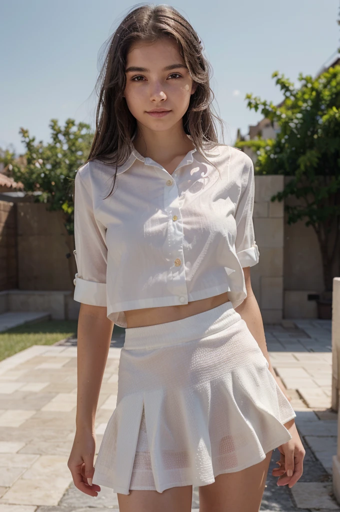 a beautifull girl, white skin, masterpiece, textured skin, super detail, high details, high quality, 8k, she looking at sky
wearing a shirt, small skirt, wearing a eyer rings, littile smlie, wet body,