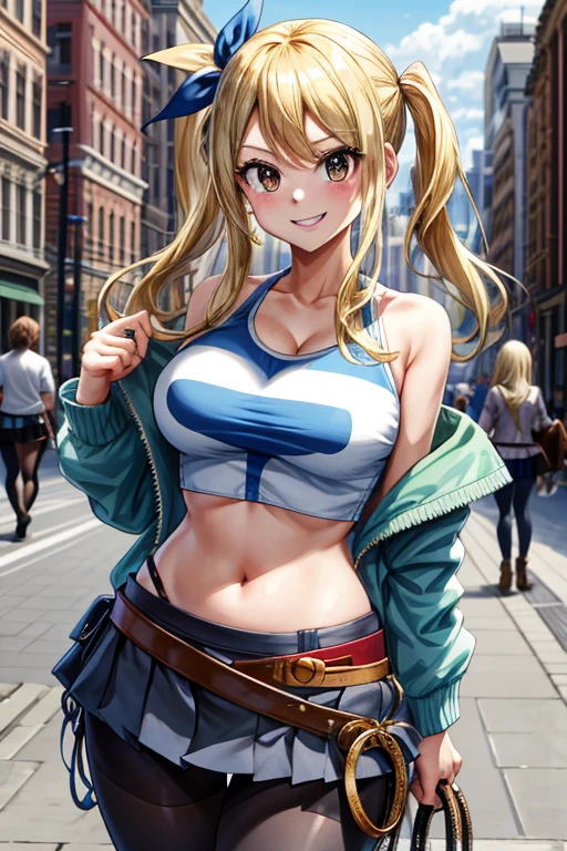 Masterpiece, best quality, height, Lucy Heartfilia, blonde hair, long hair, big breasts, jacket, crop top, bare shoulders, Show belly, belt, pleated skirt, Cowboy Shot, stand, look at viewer, city road, outdoor, modern city road, Blush, shy, smile, show teeth, tights,