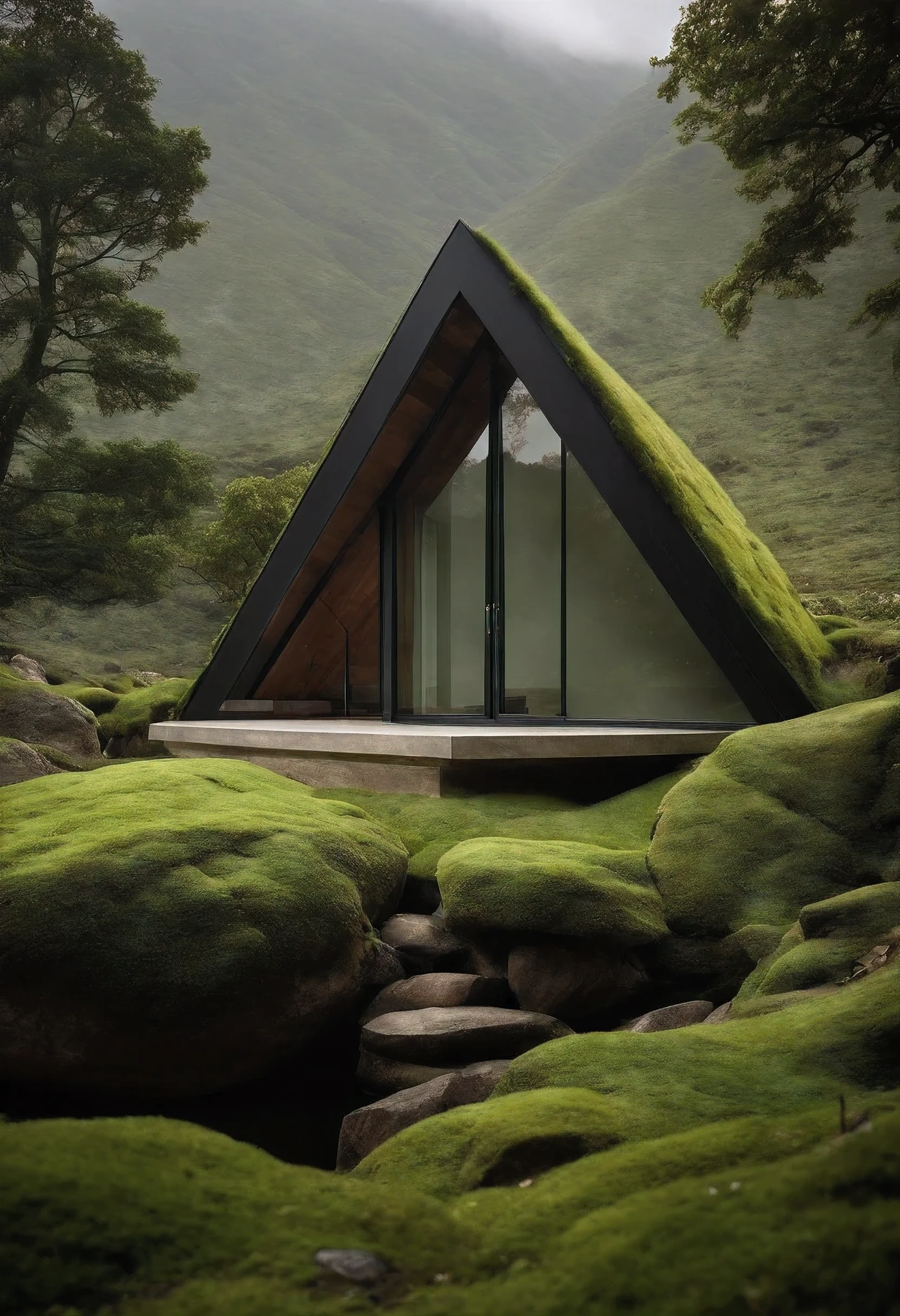 The exterior shows a small workroom inside an irregular, asymmetrical and sharp stone.With a glass door and a simple and transparent interior. which is covered with green moss and is located in a grass field. Mountains can be seen in the far background, covered by clouds or partial fog.Merged with nature.Irregular and asymmetrical stone.Slightly sloping ground.Picture close up. Architectural photography .Winner of the behance contest.uhd _q 2 _s700