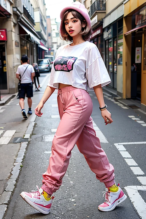 A light skinned lady with cherrcherry pink lips,big ,wearing a baggy trouser and a baggy sshirt,with sneakers,very detailed body figure,5foot7,walking dowdown ththe streets of paris