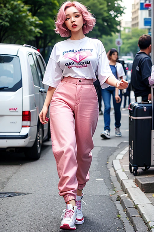 A light skinned lady with cherrcherry pink lips,big ,wearing a baggy trouser and a baggy sshirt,with sneakers,very detailed body figure,5foot7,walking dowdown ththe streets of paris
