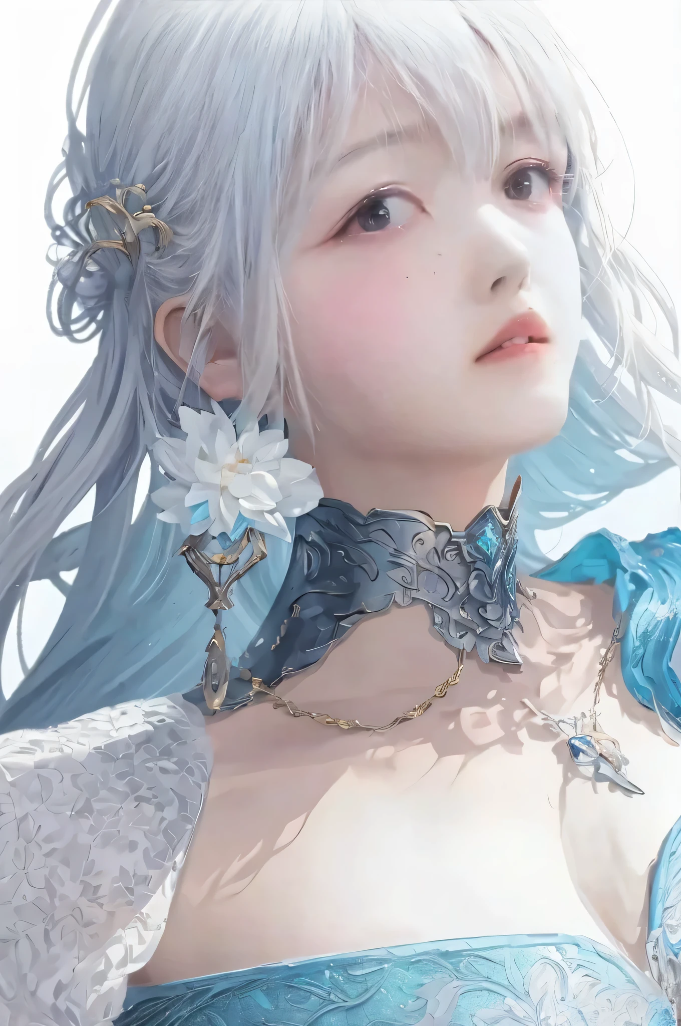 Best AI image generation creator、1 beautiful girl、big round eyes、alone、realistic,lips,table top,highest quality,excellent anatomy,skin texture、white background、、gray hair、white dress、fantasy art style, palace-like palace 、 azure. fine hair, beautiful fantasy art portrait, 4K high-definition digital art, beautiful fantasy empress, Gwaites style artwork, ((beautiful fantasy empress)), 8K high quality detailed art, beautiful anime portrait