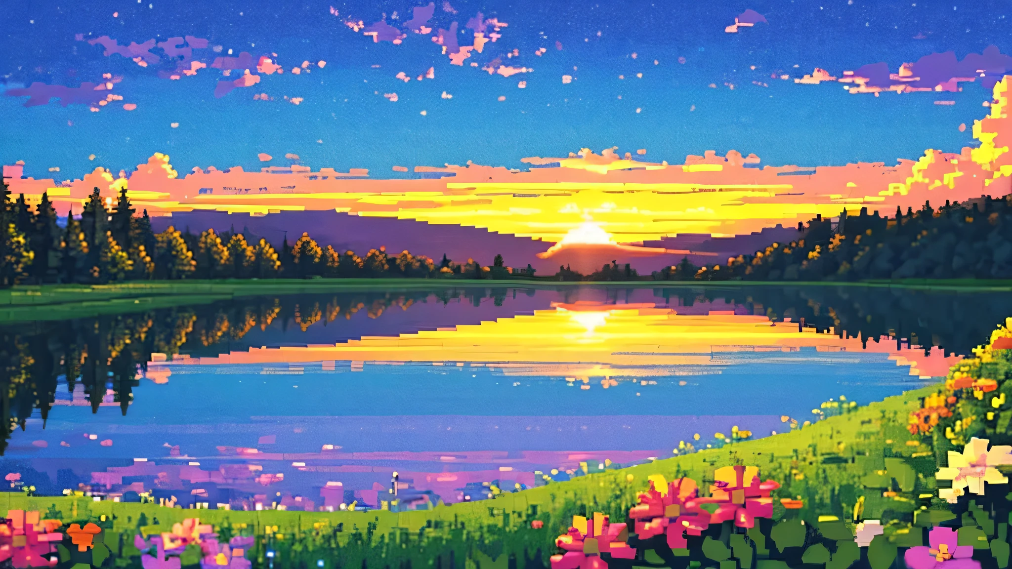 A beautiful sky in a beautiful open place depicted in pixel art can create a serene and peaceful atmosphere. Here's a description of such a scene:

The sky dominates the pixel art canvas, showcasing a breathtaking view of a sunset or sunrise. The colors transition smoothly from a deep, rich blue at the top to warm hues of orange, pink, and purple near the horizon. Soft, pixelated clouds float gently across the sky, their colors reflecting the vibrant palette of the sunset or sunrise.

As the sun rises or sets, its glowing orb is visible on the horizon, casting a warm, golden light over the landscape. This light creates a gradient effect, subtly illuminating the sky and enhancing the colors of the scene.

The open place below the sky could be a vast field, a serene beach, or a tranquil meadow. The landscape is simple yet beautiful, consisting of gentle, rolling hills, a calm body of water, or a stretch of sandy shore. The open space may have a few scattered trees, tall grass, or flowers, all of which gently sway in the breeze.

The foreground could include a small, pixelated figure—a person, animal, or even a quaint structure like a wooden cabin or a boat—admiring the stunning view. This element adds a sense of scale and depth to the scene.

As the light from the sky casts its glow over the open place, subtle shadows and highlights appear on the landscape, enhancing the overall atmosphere. The pixel art captures the tranquility and beauty of nature, offering a peaceful escape to those who view it.