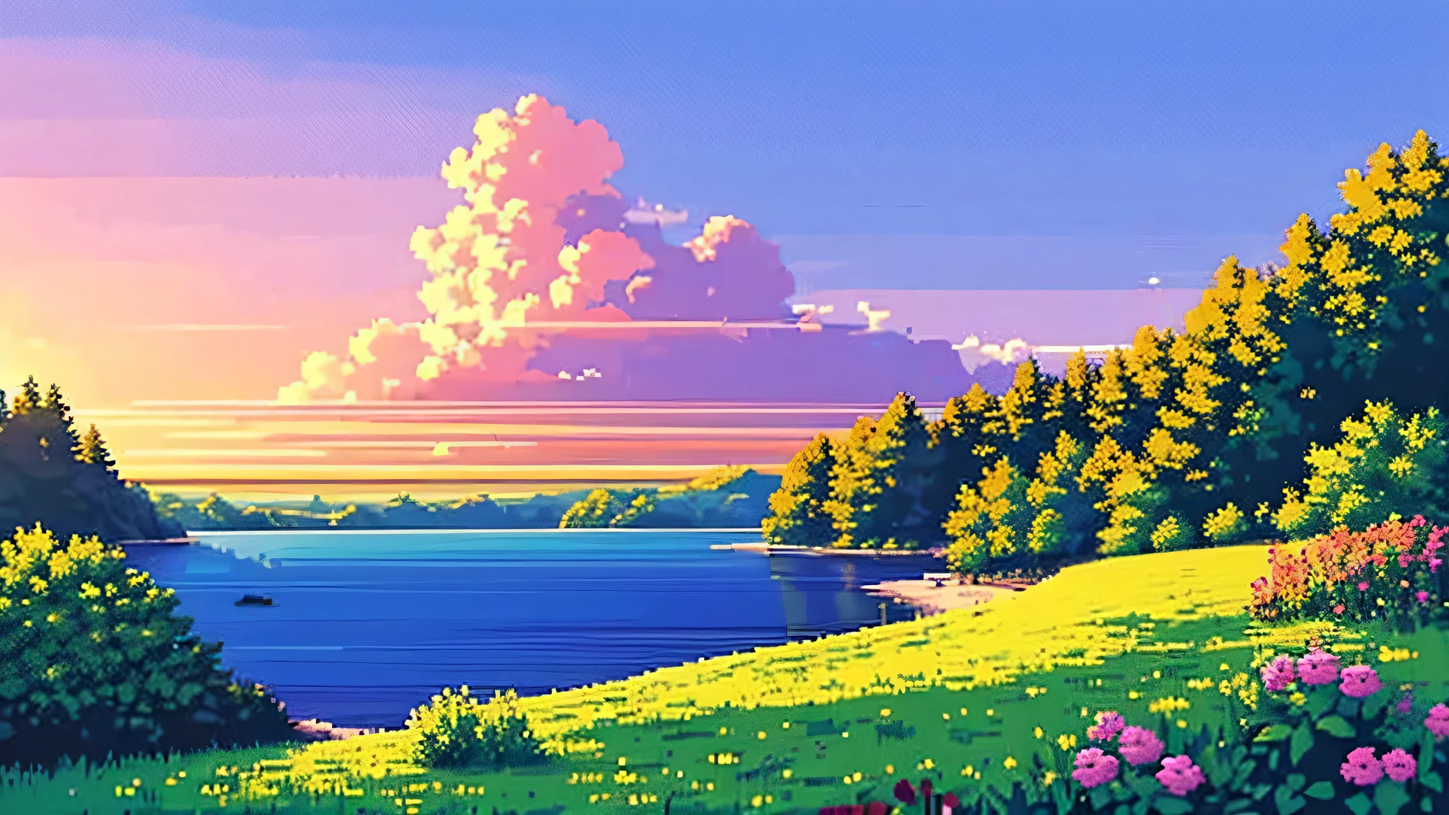 A beautiful sky in a beautiful open place depicted in pixel art can create a serene and peaceful atmosphere. Here's a description of such a scene:

The sky dominates the pixel art canvas, showcasing a breathtaking view of a sunset or sunrise. The colors transition smoothly from a deep, rich blue at the top to warm hues of orange, pink, and purple near the horizon. Soft, pixelated clouds float gently across the sky, their colors reflecting the vibrant palette of the sunset or sunrise.

As the sun rises or sets, its glowing orb is visible on the horizon, casting a warm, golden light over the landscape. This light creates a gradient effect, subtly illuminating the sky and enhancing the colors of the scene.

The open place below the sky could be a vast field, a serene beach, or a tranquil meadow. The landscape is simple yet beautiful, consisting of gentle, rolling hills, a calm body of water, or a stretch of sandy shore. The open space may have a few scattered trees, tall grass, or flowers, all of which gently sway in the breeze.

The foreground could include a small, pixelated figure—a person, animal, or even a quaint structure like a wooden cabin or a boat—admiring the stunning view. This element adds a sense of scale and depth to the scene.

As the light from the sky casts its glow over the open place, subtle shadows and highlights appear on the landscape, enhancing the overall atmosphere. The pixel art captures the tranquility and beauty of nature, offering a peaceful escape to those who view it.