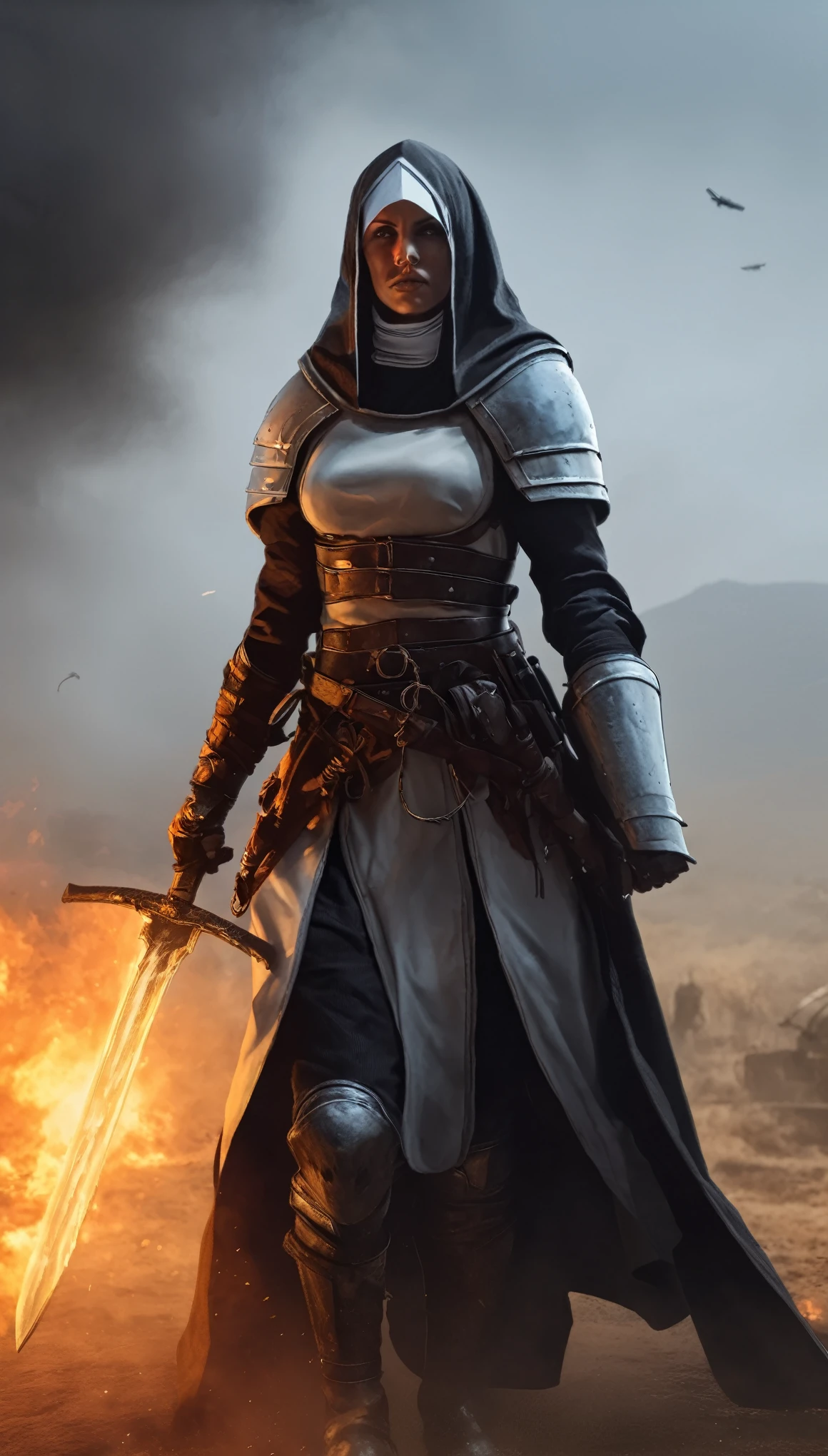 sci-fi, fantasy, digital paintig, medieval warrior nun, medieval nun in armor and weapon, holy cross on neck, ben dunn comic style (ben dunn's Warrior Nun Areala), immersive background of battlefield, war with demons