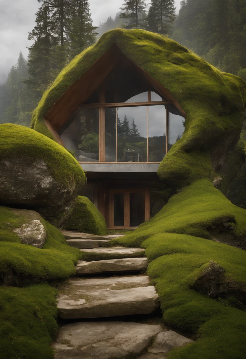 The exterior shows a small workroom inside an irregular, asymmetrical and sharp stone.With a glass door and a simple and transparent interior. which is covered with green moss and is located in a grass field. Mountains can be seen in the far background, covered by clouds or partial fog.Merged with nature.Irregular and asymmetrical stone.Slightly sloping ground.Picture close up. Architectural photography .Winner of the behance contest.uhd _q 2 _s700