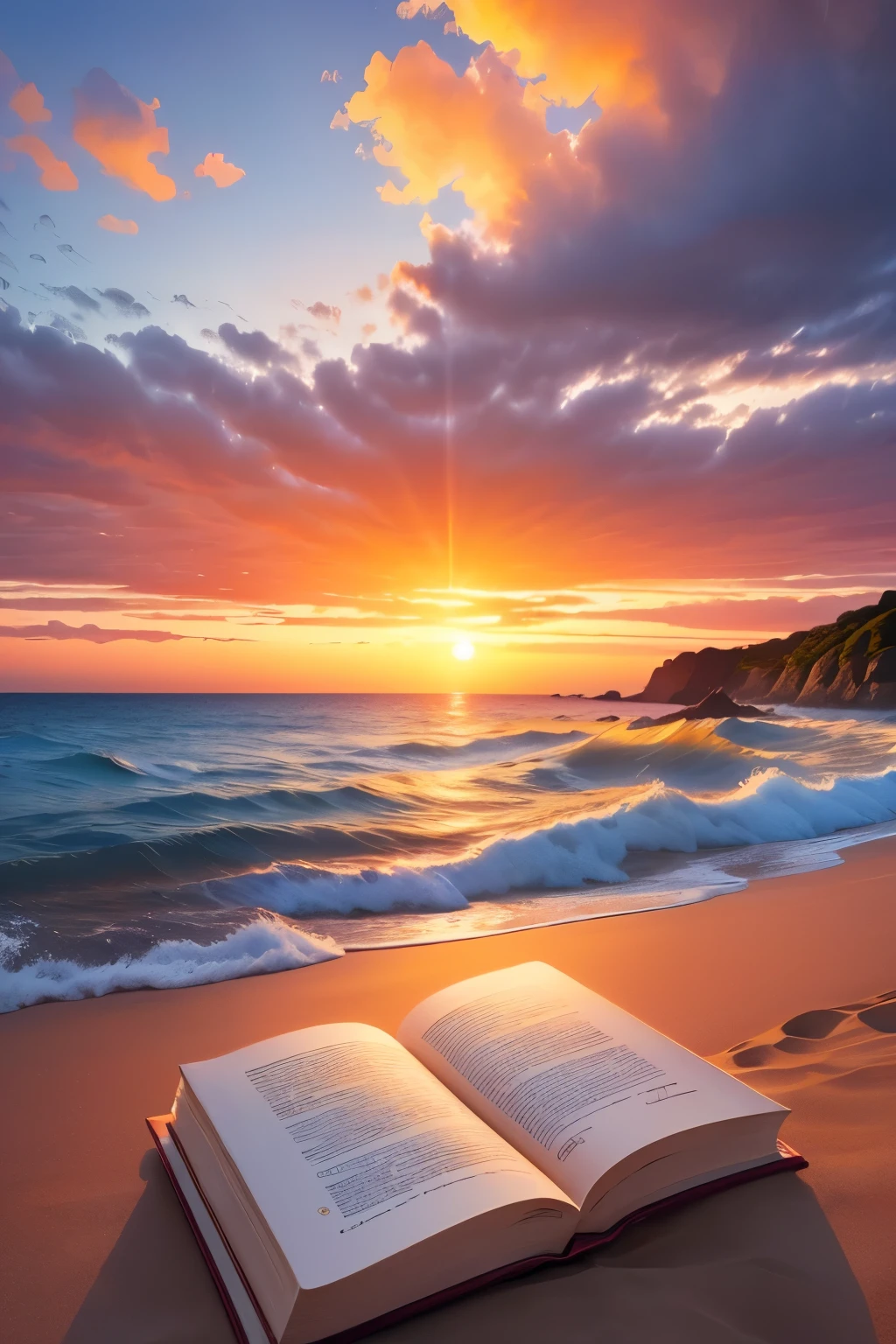 superb sunrise, mer, plage de sable fin, vagues, livre avec couverture bleue sur le sable, focus sur le livre, HD, illustration haute qualité