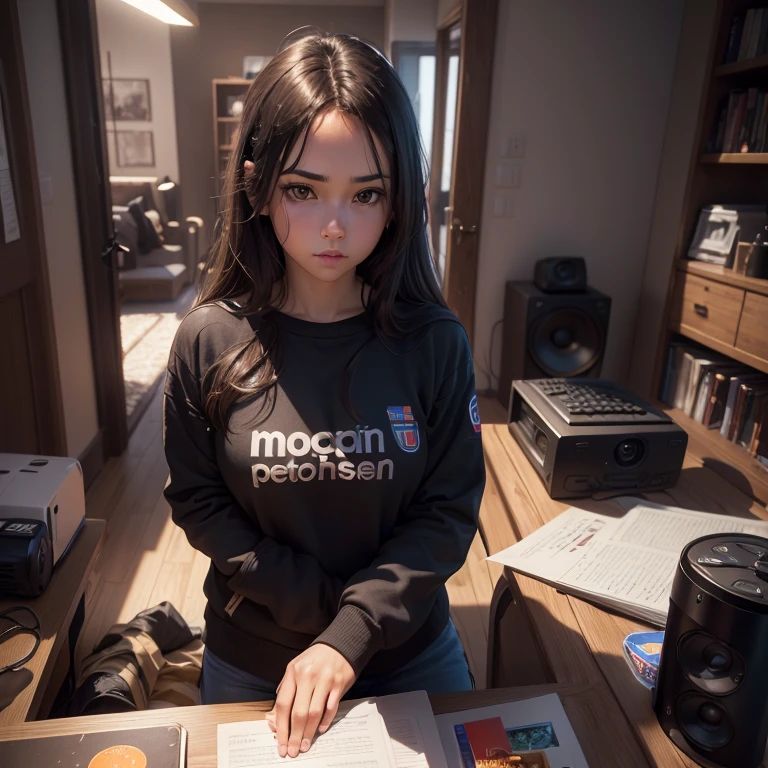 (((full medium shot))), (Masterpiece, photorealistic, photorealism, best quality, ultra-detailed:1.3), (nice hands, perfect hands), official art, cinematic light, (1girl:1.3), adult, long dark brown hair, golden eyes, bedroom, game room, comfortable, dark walls, RGB lights, quiet, window, night view, keyboard, pc, mouse, laptop, mattress, headset, speakers, stickers, soda drinks.