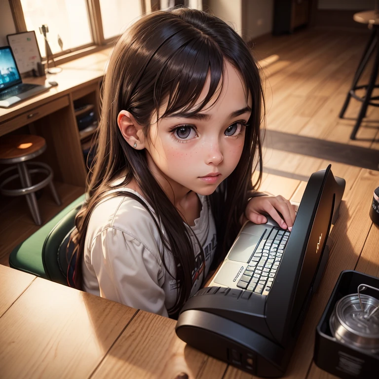 (((full medium shot))), (Masterpiece, photorealistic, photorealism, best quality, ultra-detailed:1.3), (nice hands, perfect hands), official art, cinematic light, (1girl:1.3), adult, long dark brown hair, golden eyes, bedroom, game room, comfortable, dark walls, RGB lights, quiet, window, night view, keyboard, pc, mouse, laptop, mattress, headset, speakers, stickers, soda drinks.