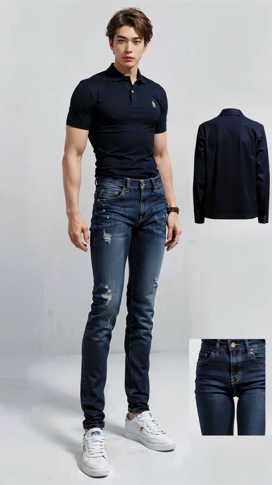 ((best quality,4k,highres,masterpiece:1.2)),((character concept art)), Japanese man, (handsome man), a 18-year-old first-year university student in Japan, he is notable for his extremely handsome looks and ultra detail 6-packs, (His features include a face with perfect golden ratio proportions), sun-kissed skin from regular outdoor activities, dark brown hair, and light brown eyes, ((He has large lean muscular physique, showcasing his athleticism)), and his long legs add to his athletic appearance, (His sharp, chiseled jawline further accentuates his remarkable physical attractiveness), ((wearing A Ralph Lauren Polo shirt in a classic navy, The fit is designed to be flattering without being overly tight, perfect for showcasing Hiroshi's athletic build while maintaining an air of casual elegance, denim Jeans by Brunello Cucinelli straight-leg jeans in a off-white denim, featuring a timeless design that balances casual with sophistication, The white denim adds a touch of laid-back style, making them versatile for various occasions, while the fit is impeccable, sitting comfortably around Hiroshi's long legs and lean muscular build, Footwear: Berluti Fast Track leather-trimmed sneakers, These sneakers blend the casual vibe of denim with the sophistication of Hiroshi's style, Made from high-quality leather with a sleek design, they offer comfort and style, featuring Berluti's signature craftsmanship, The color can either complement the denim or add a contrast, depending on Hiroshi's preference for the day, ((intricate detail)), super finely detailed muscles, ultra finely detailed hands and legs, (((ten fingers))), (standing confidently), (full body showcase), (show full body), (no logos on background), (no logo), ((plain background)), ((plain background)), (((empty background))).
