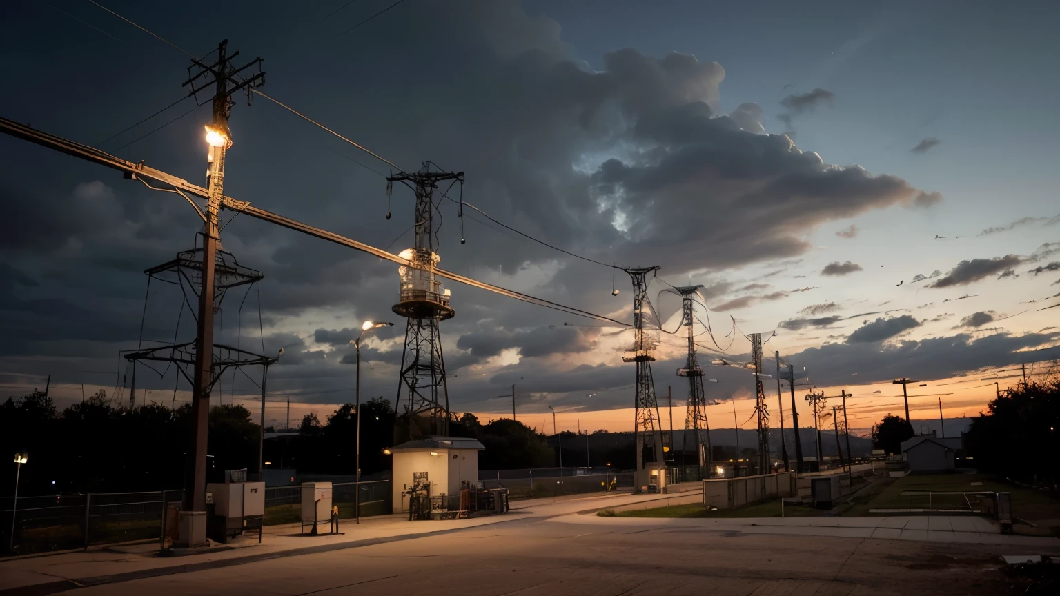 ((Melhor qualidade)), (detalhado), Create a highly detailed and realistic virtual environment of an electrical substation with an emphasis on the operating voltage of 345 kV. The setting is under a partly cloudy sky, hinting at a typical day at work. In the foreground, feature a prominent power transformer mounted on a reinforced concrete base, surrounded by red and white ceramic suspension insulators, clearly marked for 345 kV. Around the transformer, include protective and control equipment like relays and circuit breakers with precise wiring and realistic conduits. In the midground, place galvanized steel lattice design transmission towers, interconnected with multiple aluminum-steel cables stretching in various directions, depicting a complex mesh of energy distribution. The background should show the network of towers and cables extending towards the horizon, conveying the continuity and scale of the energy infrastructure. The terrain should have the texture of compacted soil with low grass areas and paths for maintenance vehicles. Integrate environmental details like warning signs, security lighting, and auxiliary equipment, all designed to reflect safety standards and practices for a 345 kV substation. Incorporate interactive labels that can be selected to provide more information about each component and their function within the substation.
