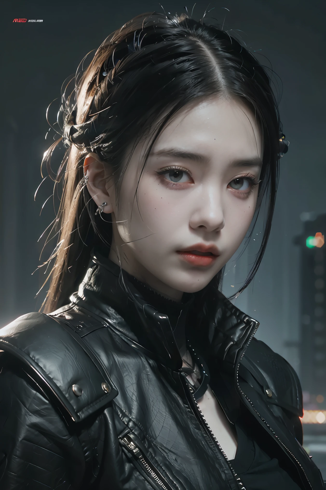 Game art，The best picture quality，Highest resolution，8K，(A bust photograph)，(Portrait)，(Head close-up:1.5)，(Rule of thirds)，Unreal Engine 5 rendering works， (The Girl of the Future)，(Female Warrior)， 22 year old girl，(Female hackers)，(White and red gradient，Ancient Oriental hairstyle)，((The pupils of the red eyes:1.3))，(A beautiful eye full of detail)，(Big breasts)，(Eye shadow)，Elegant and charming，indifferent，((Anger))，(Cyberpunk jacket full of futuristic look，Joint Armor，There are exquisite Chinese patterns on the clothes，A flash of jewellery)，cyberpunk characters，futuristic style， photo poses，city background，Movie lights，Ray tracing，Game CG，((3D Unreal Engine))，OC rendering reflection pattern