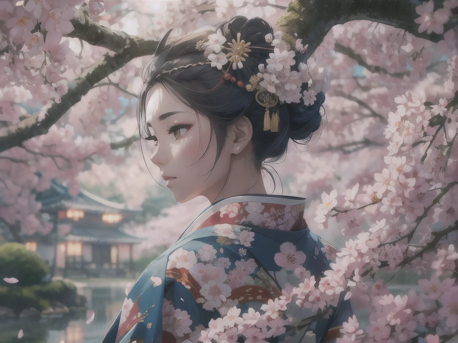 (best quality,4k,8k,highres,masterpiece:1.2),ultra-detailed,(realistic,photorealistic,photo-realistic:1.37),geisha and samurai couple, boy and girl ,meeting in a sakura garden, traditional Japanese scene, breathtakingly beautiful geisha, fierce and noble samurai, delicate cherry blossom petals floating in the air, vibrant colors, soft lighting, intricate kimono patterns, Japanese tea ceremony set in the background, poetic atmosphere, romantic ambiance, vivid cultural portrayal, traditional art style, graceful gestures, intense eye contact, peaceful and serene surroundings, focus on facial expressions and emotions, attention to fine details, elegant hairstyles, sparkling geisha accessories, stoic samurai armor, contrasting yet harmonious presence, poetic and symbolic representation, serene water feature reflecting cherry blossoms.