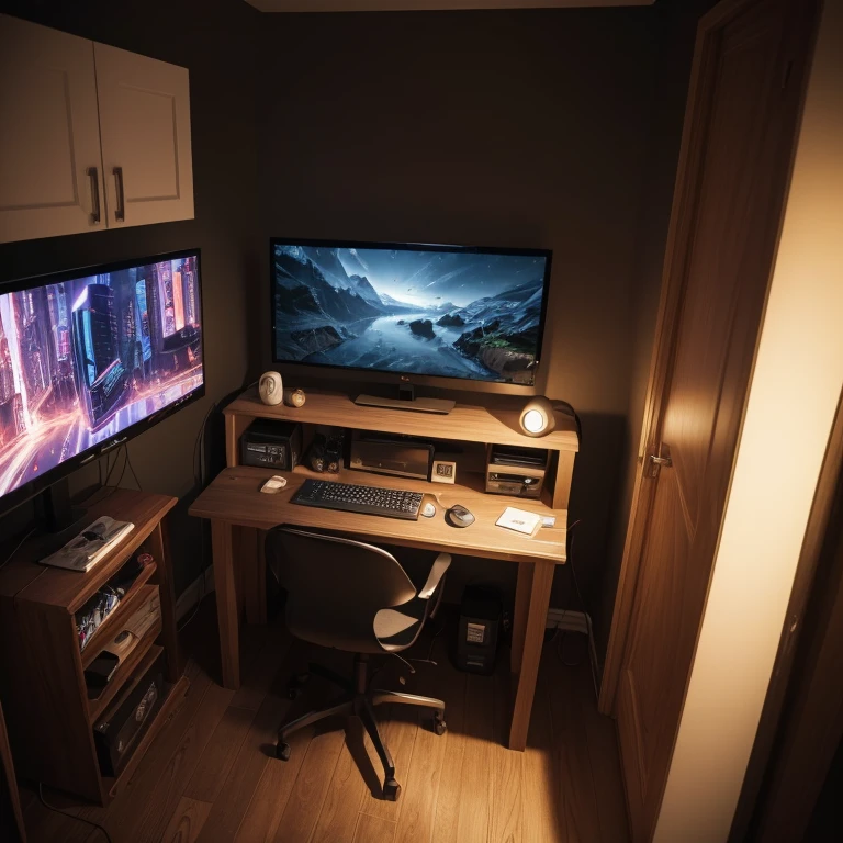(((full medium shot))), (Masterpiece, photorealistic, photorealism, best quality, ultra-detailed:1.3), (nice hands, perfect hands), official art, cinematic light, (1girl:1.3), adult, long dark brown hair, golden eyes, bedroom, game room, comfortable, dark walls, RGB lights, quiet, window, night view, keyboard, pc, mouse, laptop, mattress, headset, speakers, stickers, soda drinks.
