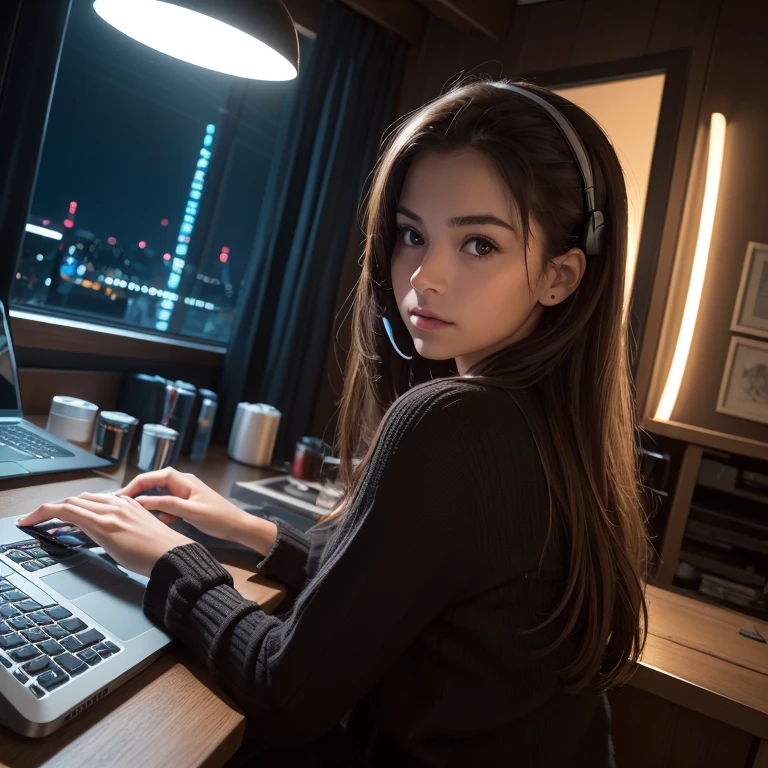 (((full medium shot))), (Masterpiece, photorealistic, photorealism, best quality, ultra-detailed:1.3), (nice hands, perfect hands), official art, cinematic light, (1girl:1.3), adult, long dark brown hair, golden eyes, bedroom, game room, comfortable, dark walls, RGB lights, quiet, window, night view, keyboard, pc, mouse, laptop, mattress, headset, speakers, stickers, soda drinks.
