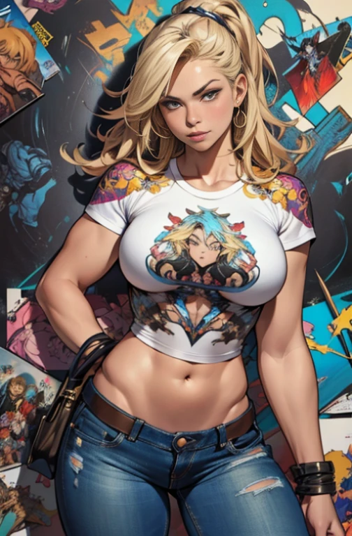 raw photo, ::comix style by marc silvestri:: beautiful woman ashley alexiss european perfect and detailed, style ::2.0 comix illustration style,tatoon style , man model ultra detailed, (beautiful and clear background:1.2),, fantastic paintings ,graffit style, olhos altamente detalhados , a white t-shirt or tatoon stamp , blond hair, masterpiece, best quality, high quality, highres, detail enhancement, ((most beautiful image in the world)), masterpiece, best quality, high quality, highres, detail enhancement, ((most beautiful image )),with short, shiny black hair, wearing a large round-neck t-shirt, wearing jeans, five legs, like yellow sneakers, emphasizing the integrity of the human body, emphasis on the correct 5 fingers on each hand and the correct shadow, , bright image, art by stanley artgerm lau, art by kenneth rocafort, art by genzoman, art by joe madureira, art by blushyspicy, art by stjepan sejic, art by j scott campbell, art by guillem march, art by citemer liu, 4k, high resolution, comic book, comic book character, comic, high quality