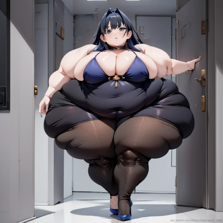 1girl, top heavy figure, (((incredibly big chest))), ((saggy chest)), plump, incredibly plump, ((big belly)), (((big tits))), pout, embarassed, wide, (((obese))), (((fat))), ((love handles)), double chin, out of shape, obese, fatty, shortstack, short woman, big bossom, ((milf)), small height, mature, standing, full body, bbw, ssbbw, ouro kronii, blue eyes, blue hair, long hair, blue bikini, pantyhose, high heels