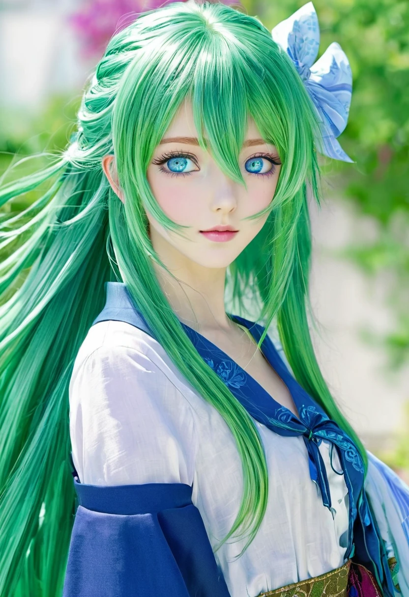 An anime girl with blue eyes, long green hair, and beautiful clothes 